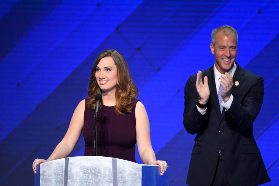 LGBT rights activist Sarah McBride speaks next to Rep. Sean Patrick Maloney, D-NY, during the 2016 Democratic National Convention at Wells Fargo Center. McBride is the first transgender women to ever speak at the Democratic National Convention.