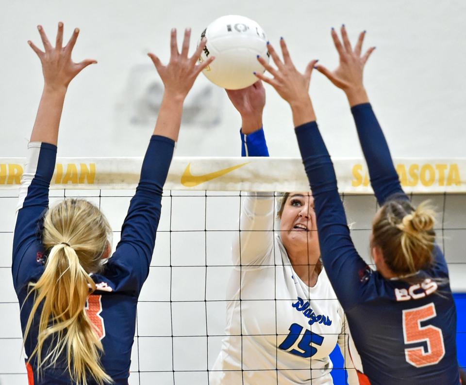 Sarasota Christian's Hailey Knepp, shown here scoring a point during a match against Bradenton Christian, had 356 kills and 279 digs for the Blazers this season.