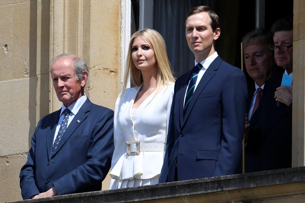 Ivanka Trump (C) and her husband special advisor to the US president Jared Kushner (R) watch during a welcome ceremony at Buckingham Palace in central London on June 3, 2019, on the first day of the US president and First Lady's three-day State Visit to the UK. - Britain rolled out the red carpet for US President Donald Trump on June 3 as he arrived in Britain for a state visit already overshadowed by his outspoken remarks on Brexit. (Photo by TOBY MELVILLE / POOL / AFP)        (Photo credit should read TOBY MELVILLE/AFP/Getty Images)
