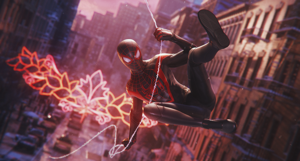 Miles swinging through the city as Spider-Man