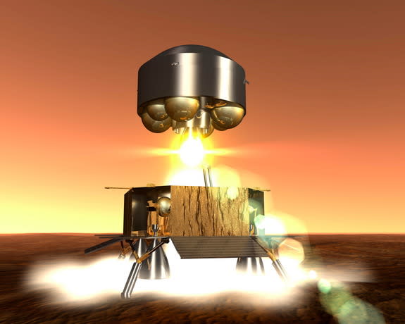 of the Mars Sample Return (MSR) ascent module lifting off from Mars' surface with the Martian soil samples.