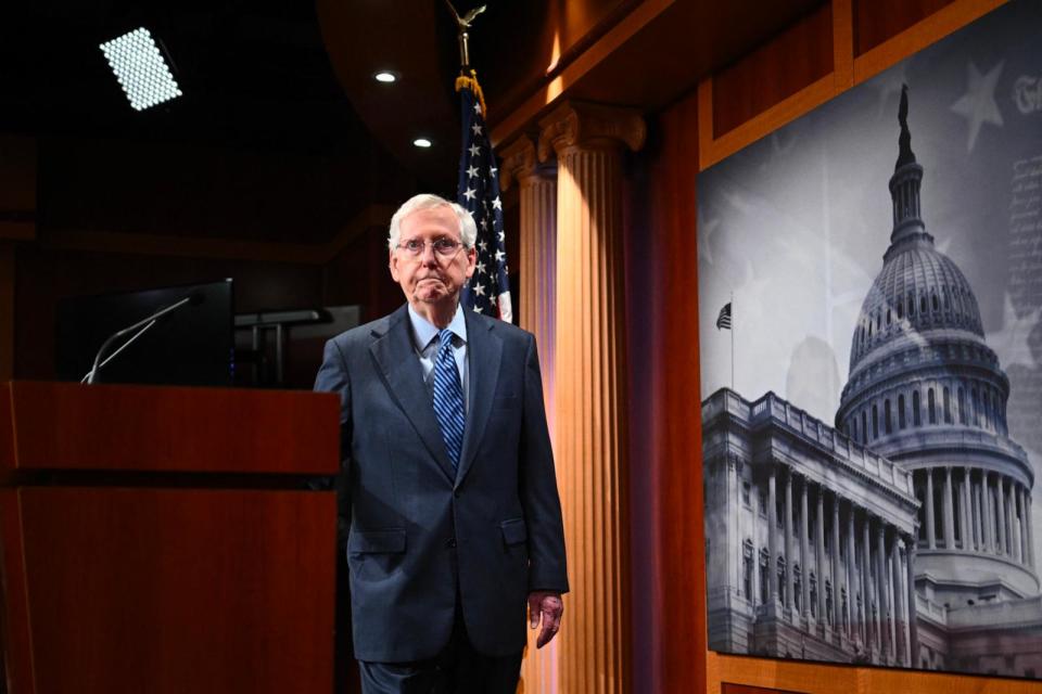 PHOTO: Senate Minority Leader Mitch McConnell arrives for a news conference ahead of a vote on a foreign aid package at the Capitol, April 23, 2024.  (Mandel Ngan/AFP via Getty Images)