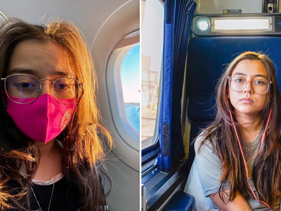 The author on a plane (L) and a train (R)