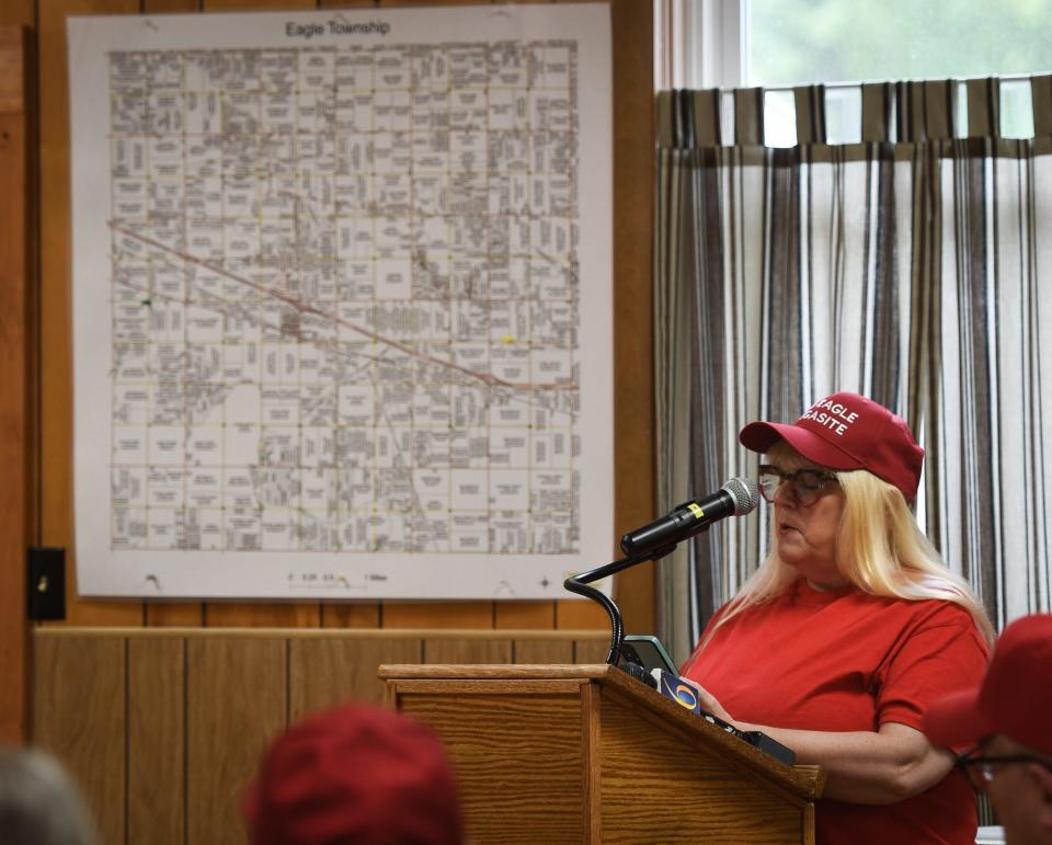 Cady Ness- Smith of Eagle Township speaks to township officifals Thursday, May 18, 2023, during a meeting at the Eagle Township Hall, calling for transparency and better communication from township officials.