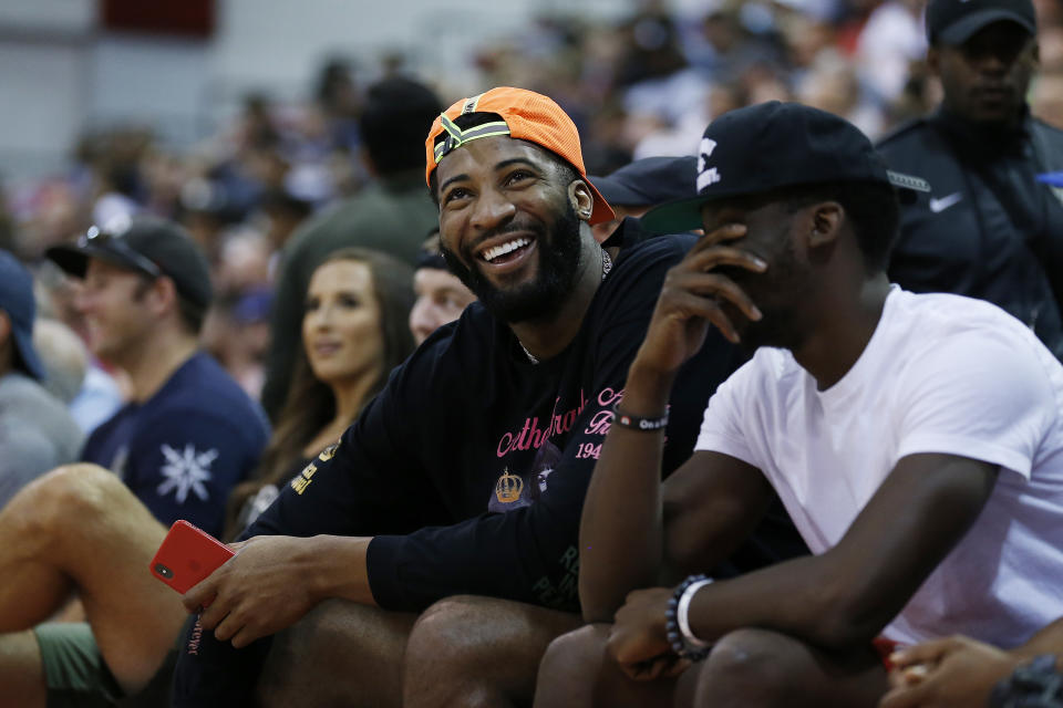 LAS VEGAS, NEVADA - JULY 10: Andre Drummond (L) and Reggie Jackson (R) of the Detroit Pistons look on during the game between the Detroit Pistons and the Philadelphia 76ers during the 2019 Summer League at the Cox Pavilion on July 10, 2019 in Las Vegas, Nevada. NOTE TO USER: User expressly acknowledges and agrees that, by downloading and or using this photograph, User is consenting to the terms and conditions of the Getty Images License Agreement. (Photo by Michael Reaves/Getty Images)