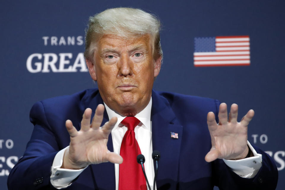 President Donald Trump speaks during a roundtable discussion about "Transition to Greatness: Restoring, Rebuilding, and Renewing," at Gateway Church Dallas, Thursday, June 11, 2020, in Dallas.(AP Photo/Alex Brandon)