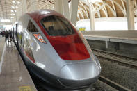 A high-speed train is parked during a test ride at Halim station in Jakarta, Indonesia, on Sept. 18, 2023. Indonesia is launching Southeast Asia’s first high-speed railway, a key project under China’s Belt and Road infrastructure initiative that will cut travel time between the capital and another major city from the current three hours to about 40 minutes. (AP Photo/Achmad Ibrahim)