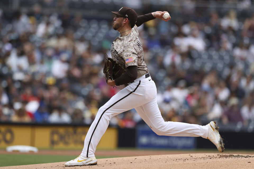 San Diego Padres starting pitcher Joe Musgrove delivers to an Atlanta Braves batter in the first inning of a baseball game Sunday, Sept. 26, 2021, in San Diego. (AP Photo/Derrick Tuskan)