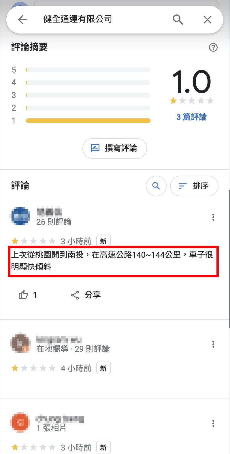 肇事駕駛所屬的健全通運公司被刷1星負評。（圖／翻攝自Google Map）