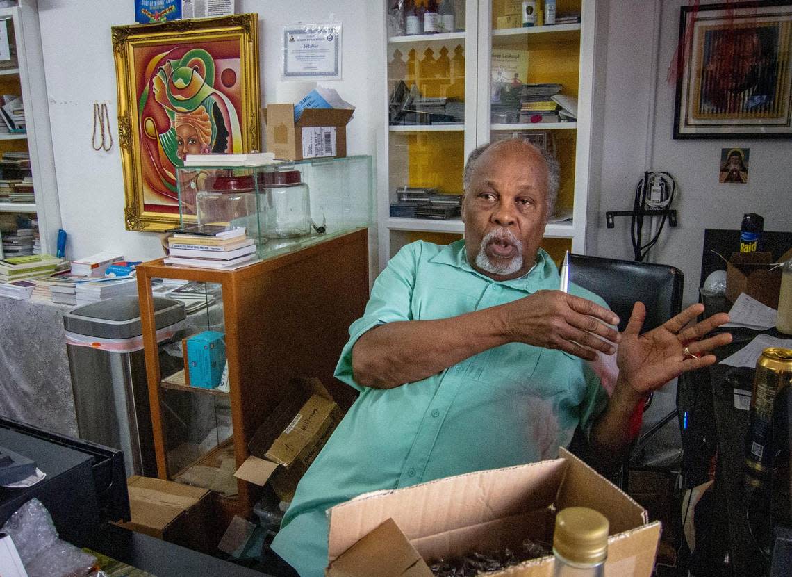 Jan Mapou, owner of Libreri Mapou talks about the current situation in Haiti inside his shop in Miami’s Little Haiti neighborhood.