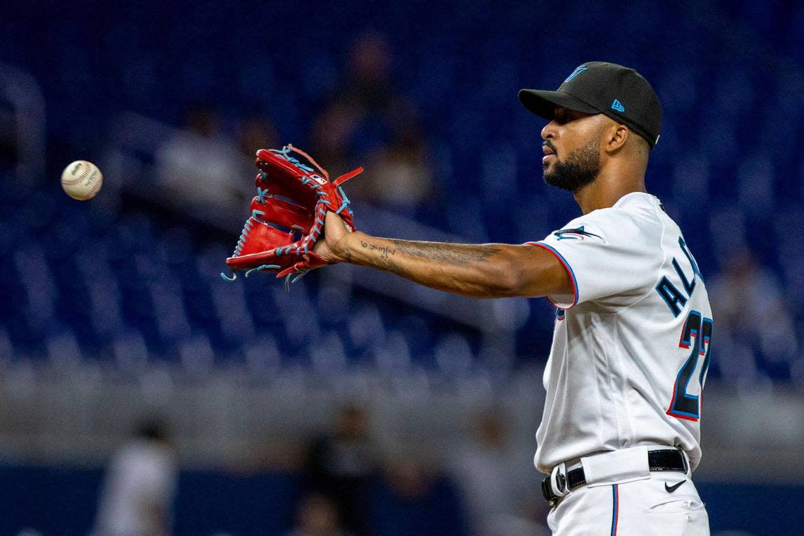 Miami Marlins pitcher Sandy Alcantara (22) catches the ball during the fourth inning of an MLB game against the Philadelphia Phillies at loanDepot park in the Little Havana neighborhood of Miami, Florida, on Tuesday, September 13, 2022.