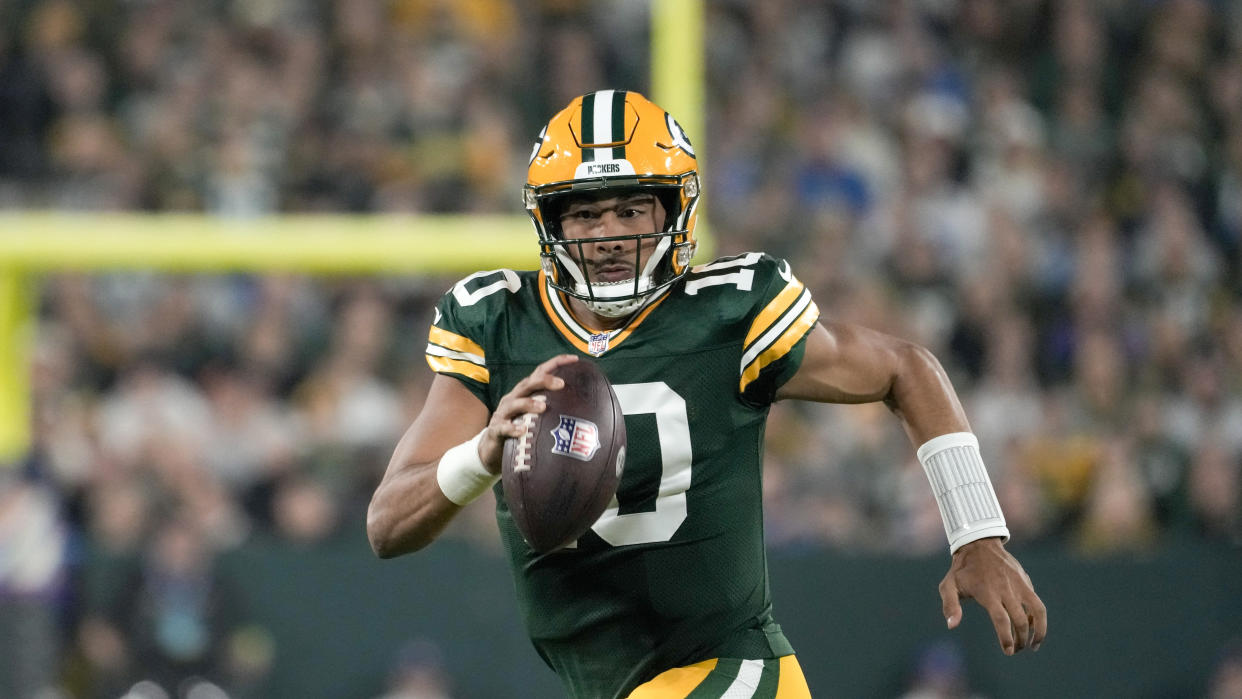 Green Bay Packers' Jordan Love during the first half of an NFL football game against the Detroit Lions Thursday, Sept. 28, 2023, in Green Bay, Wis. (AP Photo/Morry Gash)