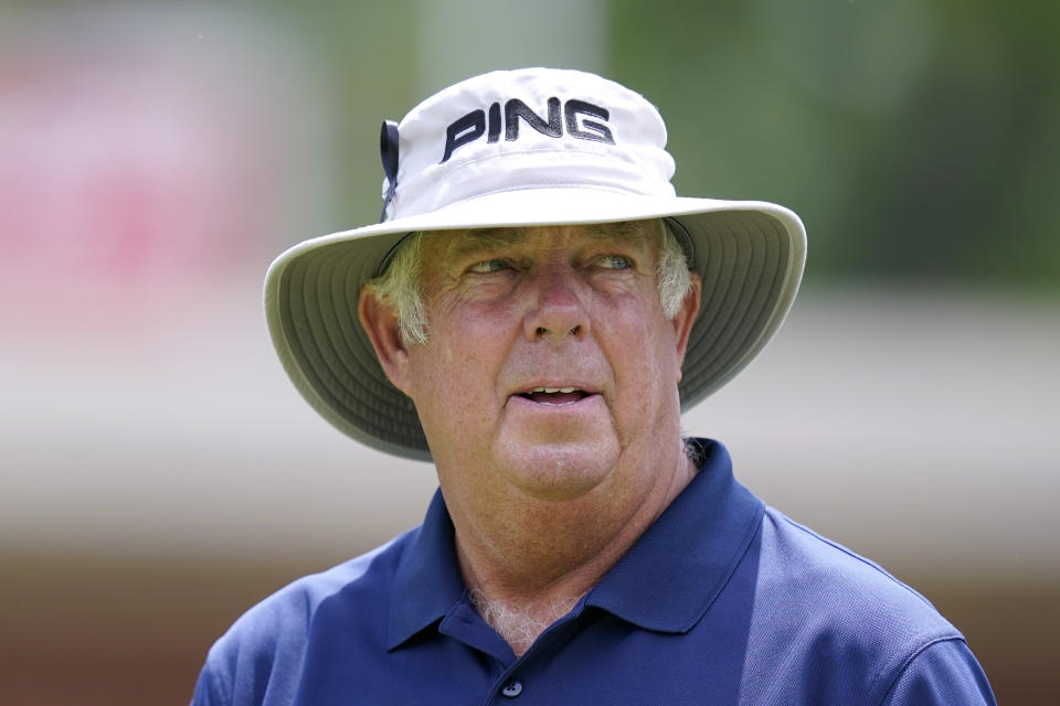 Kirk Triplett walks off the fourth tee during the second round of the PGA Tour Champions Principal Charity Classic golf tournament, Saturday, June 4, 2022, in Des Moines, Iowa. (AP Photo/Charlie Neibergall)