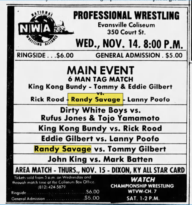 Advertisement for professional wresting at the Coliseum with a match featuring Randy Savage. 