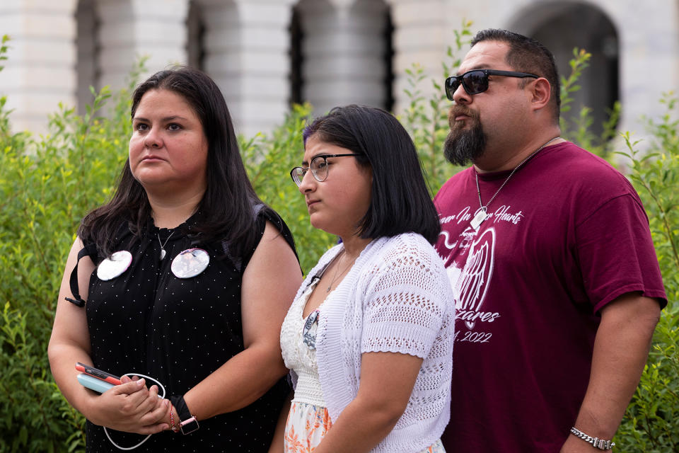 WASHINGTON, DC - JULY 27: Gloria, Jazmin, and Jacinto Cazares whose daughter and sister Jacklyn Cazares was a victim of the school shooting in Uvalde, Texas, stand during a press conference on July 27, 2022 in Washington, DC. The family, along with other survivors of mass shootings, joined Rep. Brad Schneider (D-IL) to urge the House to vote for an assault weapons ban. (Photo by Anna Rose Layden/Getty Images)