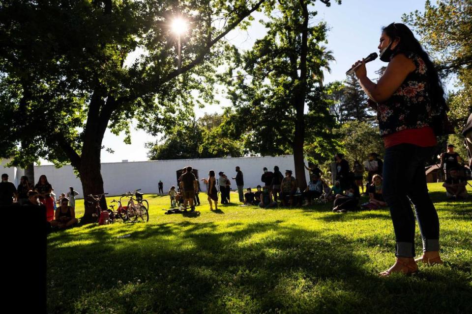 Morning Star Gali, of the Achomawi band of the Pit River Tribe, advocates on behalf of the Statewide Coalition Against Racist Symbols at Sutter’s Fort State Historic Park in 2020. The state Department of Parks and Recreation approved a plan Tuesday, June 11, 2024, that will amend the content of learning materials, tours and other guides at Sutter’s Fort State Historic Park to include Native American history and perspectives.