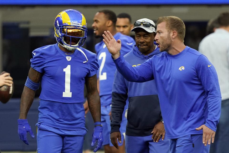 Los Angeles Rams coach Sean McVay, right, talks to wide receiver DeSean Jackson.