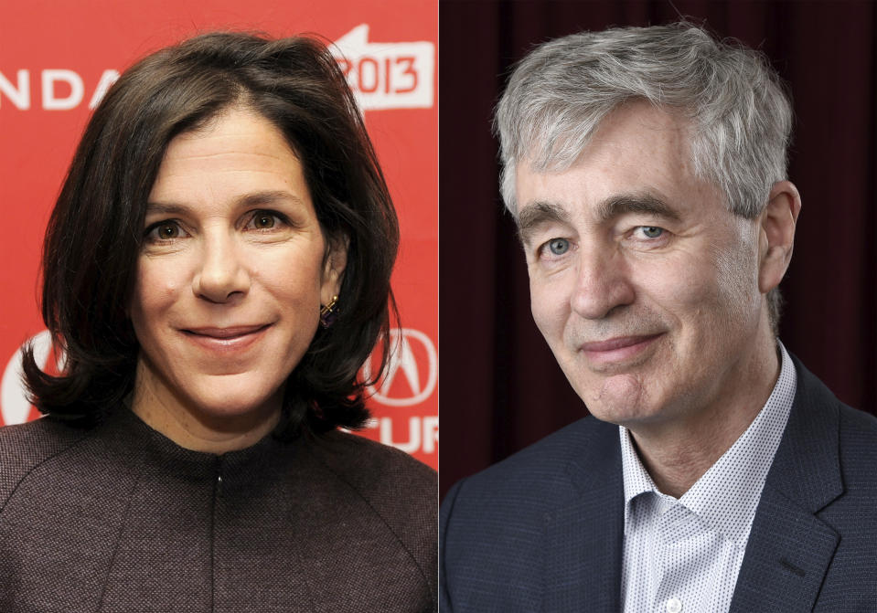 This combination photo shows filmmakers Alexandra Pelosi, left, and Steve James. Documentarians, from “Hoop Dreams” director Steve James to “Outside the Bubble's” Alexandra Pelosi, are bringing out their cameras to capture the historic nationwide protests, despite the danger, the pandemic and even the lack of a plan for how to use the footage. (AP Photo)