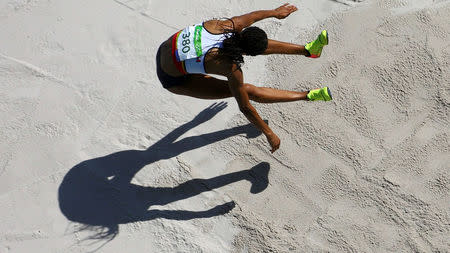 2016 Rio Olympics - Athletics - Women's Heptathlon Long Jump - Groups - Olympic Stadium - Rio de Janeiro, Brazil - 13/08/2016. Nafissatou Thiam (BEL) of Belgium competes. REUTERS/Pawel Kopczynski