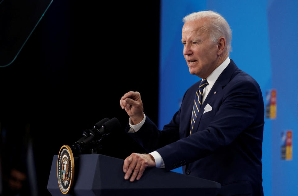 U.S. President Joe Biden holds a news conference before departing the NATO summit at the IFEMA arena in Madrid, Spain, June 30, 2022. REUTERS/Jonathan Ernst