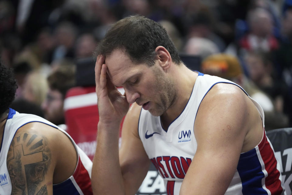 Detroit Pistons forward Bojan Bogdanovic sits on the bench after fouling out during overtime in the team's NBA basketball game against the Utah Jazz on Wednesday, Jan. 3, 2024, in Salt Lake City. (AP Photo/Rick Bowmer)