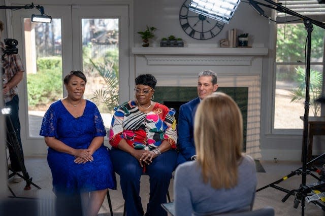 From left are Murdaugh murder trial jurors Amie Williams and Gwen Generette, and their attorney Eric Bland, sitting for a Fox Nation interview conducted by host Martha MacCallum.