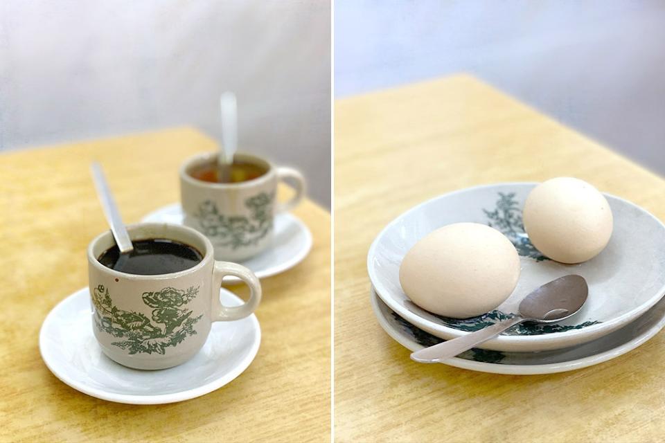 'Kopitiam' style coffee and half-boiled eggs.