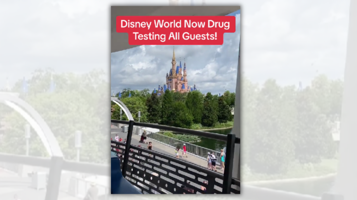 A castle is shown amongst trees, with people walking around nearby. White text sitting on a red background above the castle says, "Disney World Now Drug Testing All Guests!". 
