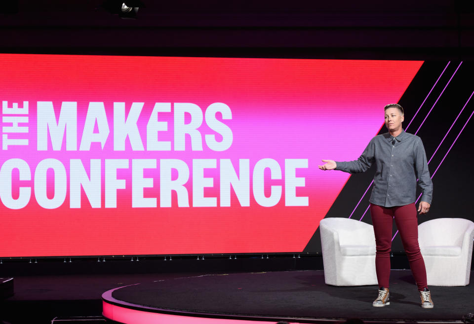 Abby Wambach speaks onstage during The 2019 MAKERS Conference on February 7, 2019. Wambach is a key player in the fight for equal pay in women's soccer. (Photo by Vivien Killilea/Getty Images for MAKERS)