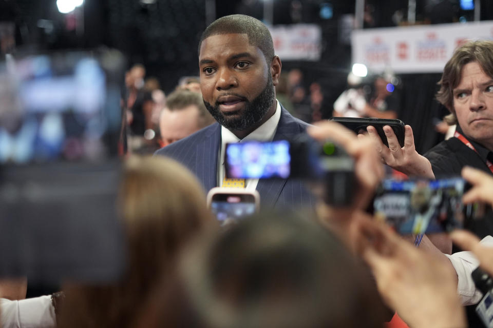 Rep. Byron Donalds, R-Fla., speaks with reporters in the spin room before a presidential debate between President Joe Biden and Republican presidential candidate former President Donald Trump, hosted by CNN in Atlanta, Thursday, June 27, 2024.(AP Photo/Pablo Martinez Monsivais)