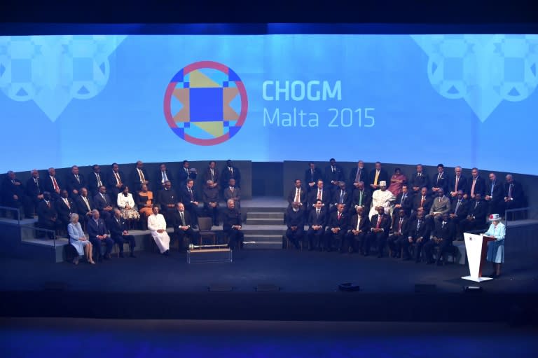 Queen Elizabeth II delivers a speech during the opening ceremony of the Commonwealth Heads of Government Meeting (CHOGM) at the Mediterranean Conference Centre in Valletta on November 27, 2015