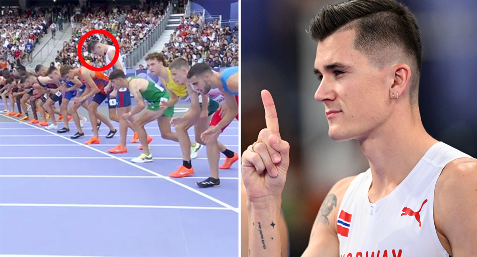 Sen here, defending Olympic champion Jakob Ingebrigtsen in the 1500m heats.