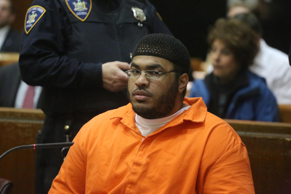 Jose Pimentel appears in a courtroom in New York, Wednesday, Feb. 19, 2014. Pimentel, accused of building homemade bombs to wage holy war in New York City, pleaded guilty Wednesday to a terrorism charge less than a week before his scheduled trial in a rare state-level terrorism case. With the plea, Pimentel, 29, was promised a sentence of 16 years in prison. He would have faced a minimum of 15 years to life if convicted of the top charge, a high-level weapons possession offense as a terrorism crime. (AP Photo/The Daily News, Jefferson Siegel, Pool)