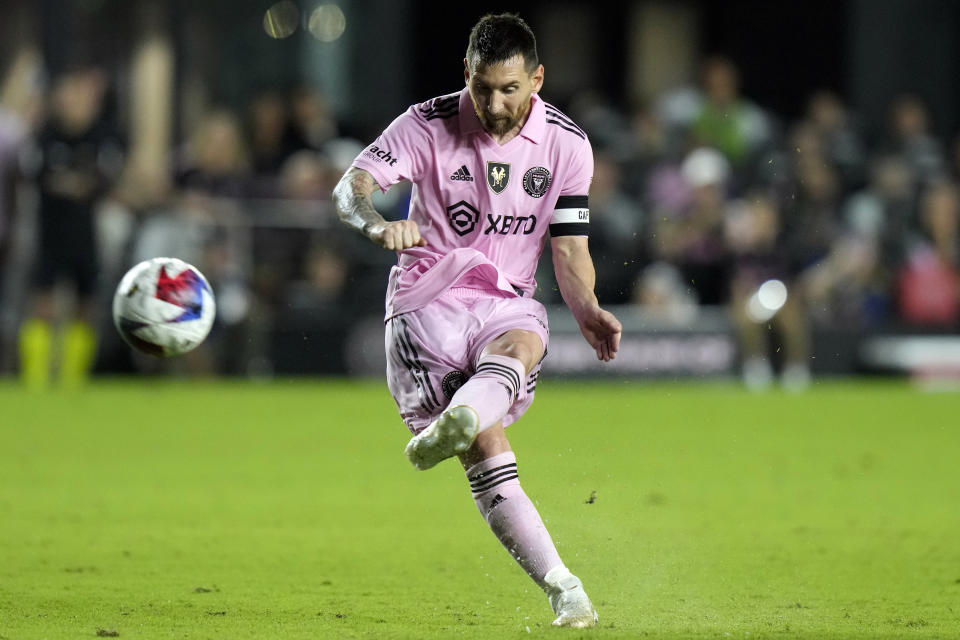 FILE - Inter Miami forward Lionel Messi attempts a penalty kick during the second half of a club friendly soccer match against New York City FC, Friday, Nov. 10, 2023, in Fort Lauderdale, Fla. Saudi Arabia’s Public Investment Fund, or PIF, the nation's sovereign wealth fund, made a reported $500 million-a-year play to recruit Messi to its upstart domestic league, though Messi turned them down. (AP Photo/Lynne Sladky, File)