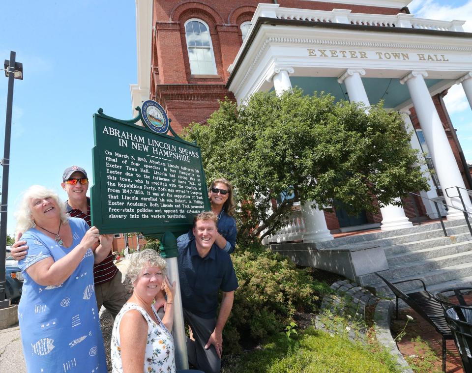 Abraham Lincoln spoke on the steps of Exeter Town Hall on March 3, 1860. From left Bobbi Vandenbulcke of Exeter Chamber, Darren Winham, economic development director, Renee Weiland of the chamber, Water Street Bookstore owner Dan Chartrand, who is also a town Select Board member, and Exeter Chamber of Commerce President Jennifer Wheeler.