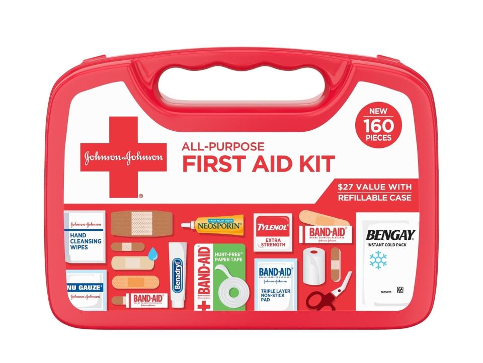 Johnson & Johnson first aid kit with various medical supplies, refillable case