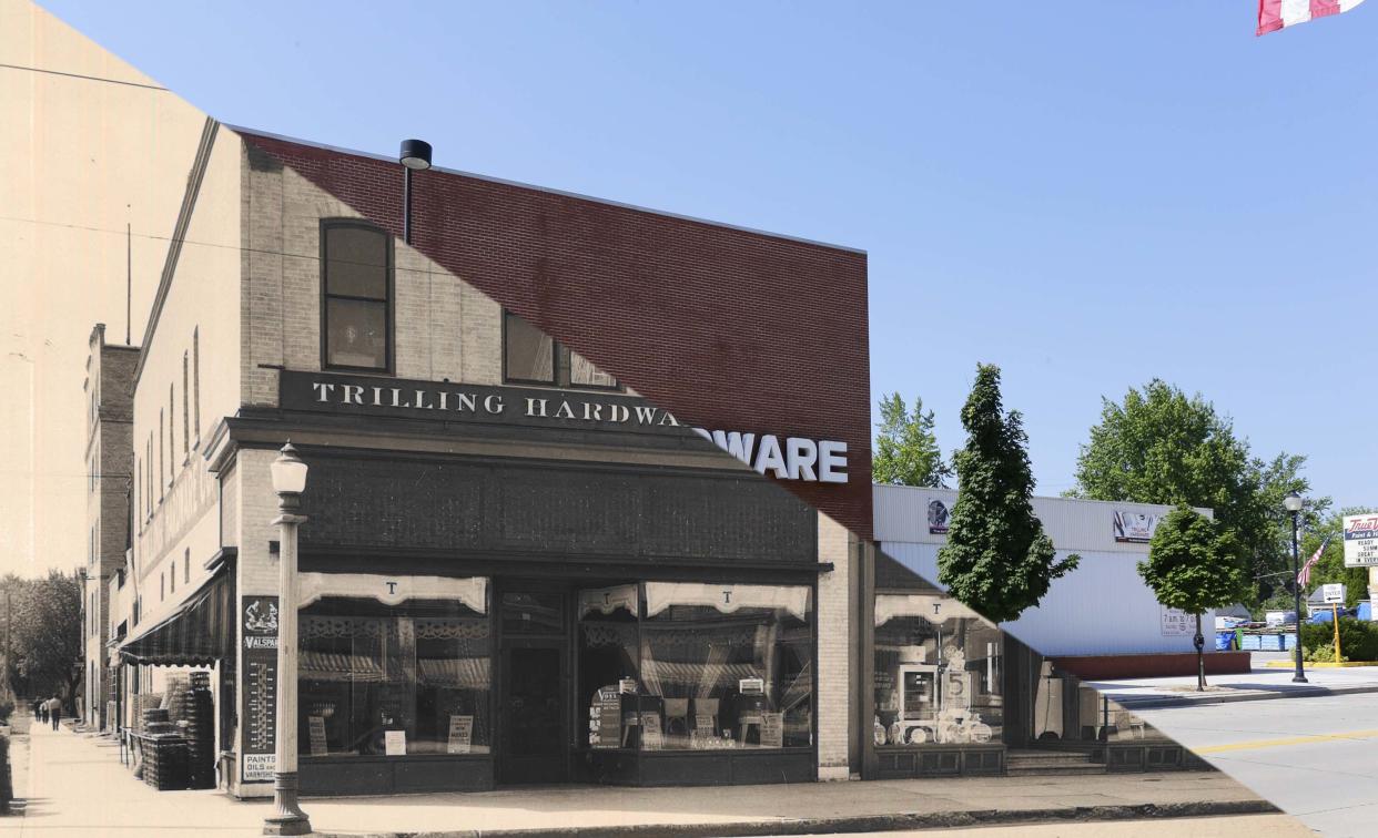 A slider shows Trilling True Value Hardware's exterior from 1934 to 2020.