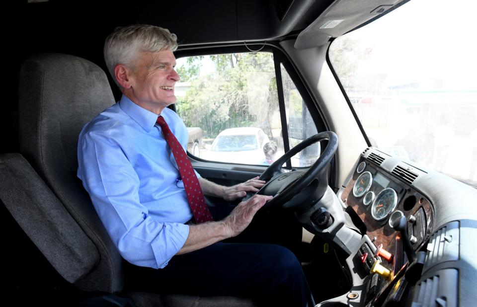 U.S. Senator Bill Cassidy, M.D. tries out the driver's seat while touring Shreveport's Diesel Driving Academy Tuesday, August 22, 2023.