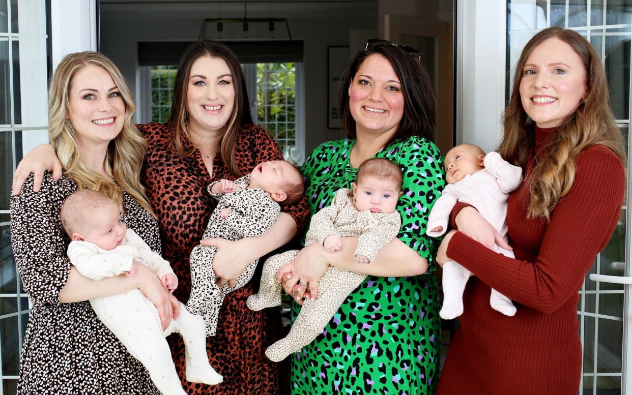 Hannah Redler, with baby Arthur, 6 weeks, Katherine Degara-Pavey with baby Evelyn, 7 weeks, Tess Harding with baby Daisy, 11 weeks, and Pippa Bolton with baby Alice, 8 weeks