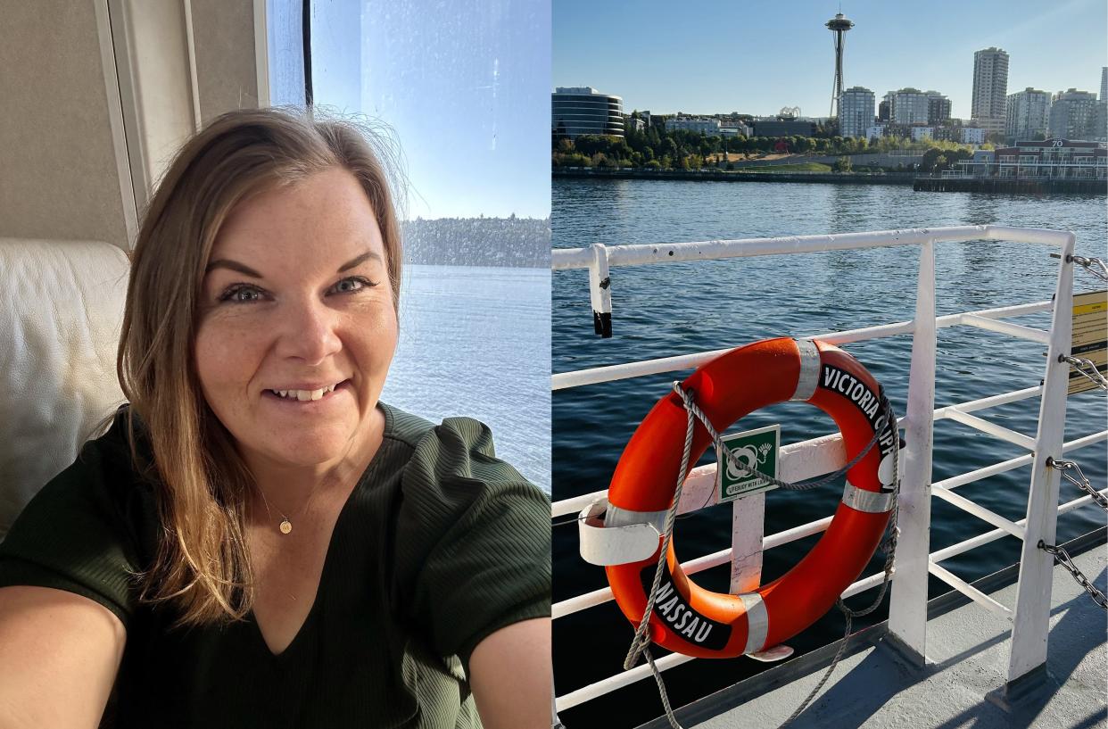 Author Molly Allen smiling in a selfie in front of a window on the Victoria ferry next to image of Victoria clipper life raft on deck in front of Seattle Space Needle view