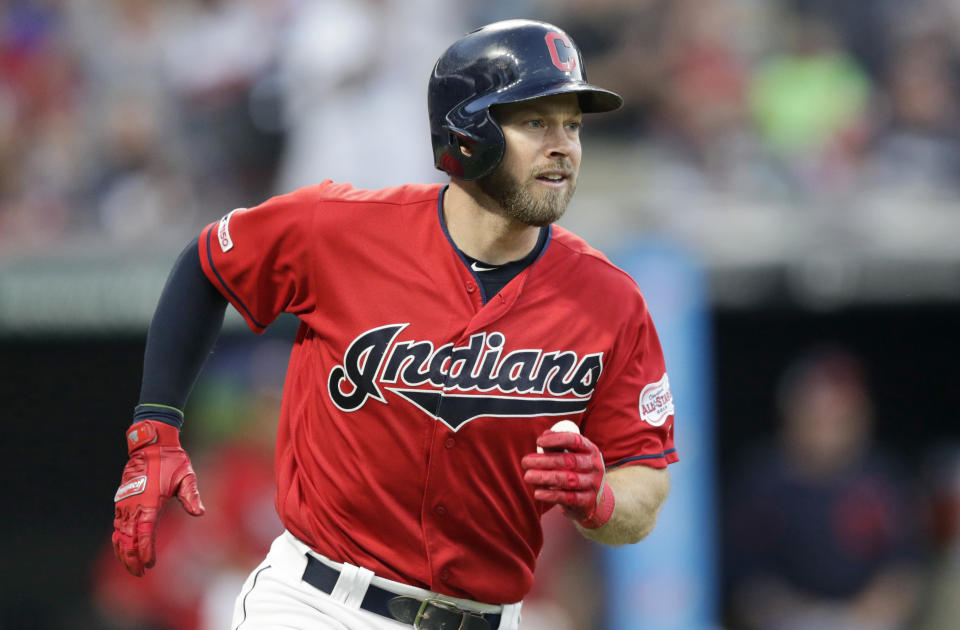 Cleveland Indians' Mike Freeman watches his ball after hitting a solo home run in the fifth inning in a baseball game against the Kansas City Royals, Tuesday, June 25, 2019, in Cleveland. (AP Photo/Tony Dejak)