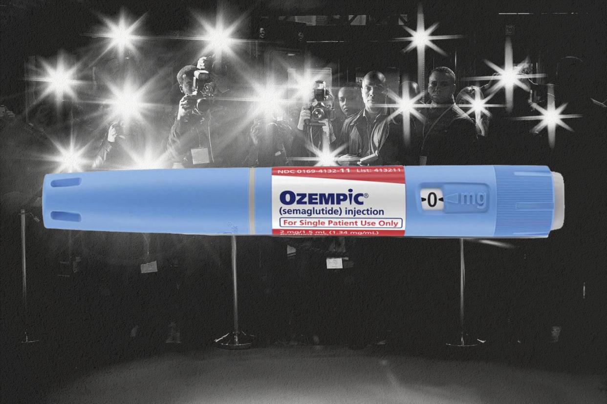 a collage of a pen of Ozempic overlaid on a photo of a red carpet and photographers flashes