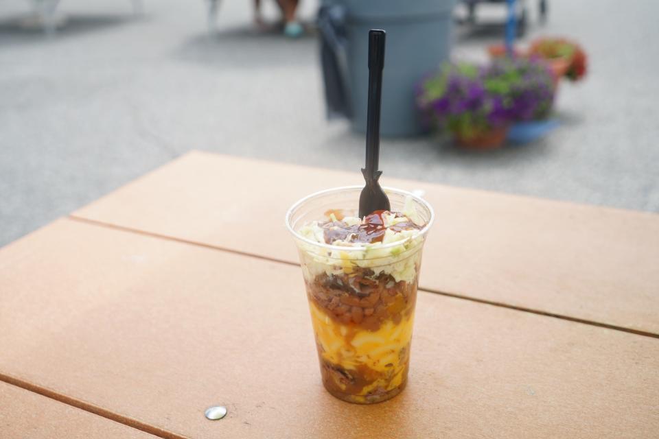 A BBQ parfait from the Delmarva BBQ food truck at the Delaware State Fair on July 20, 2023.