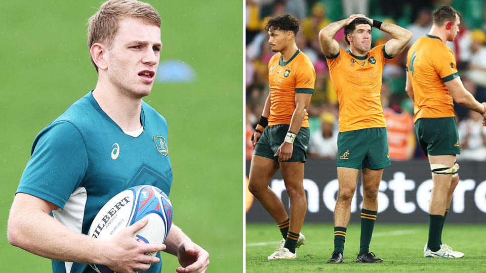 Max Jorgensen, pictured here alongside Wallabies players at the Rugby World Cup.