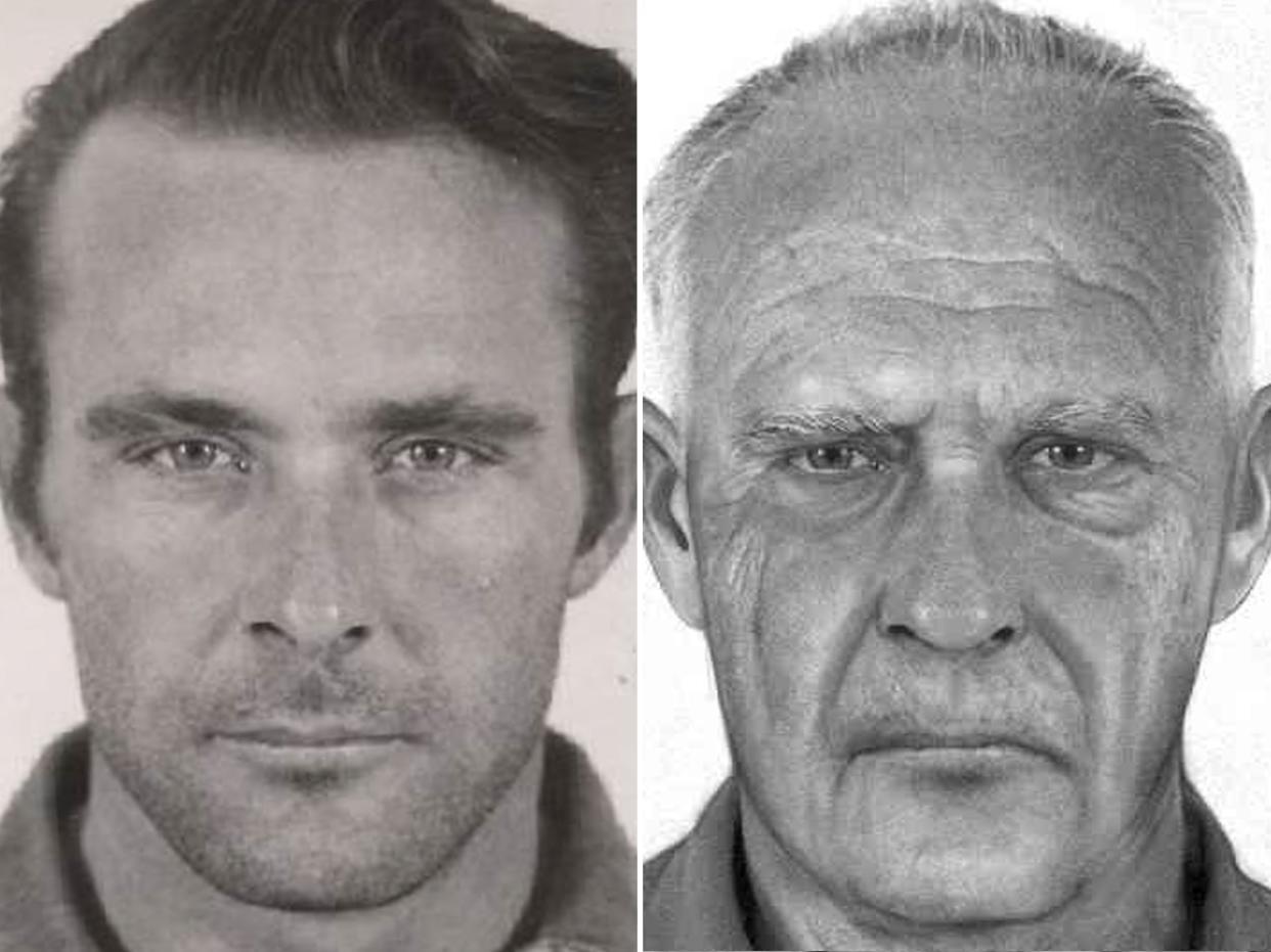 Clarence Anglin as he appeared when he escaped Alcatraz in 1962, and a digitally-aged version created in 2022.