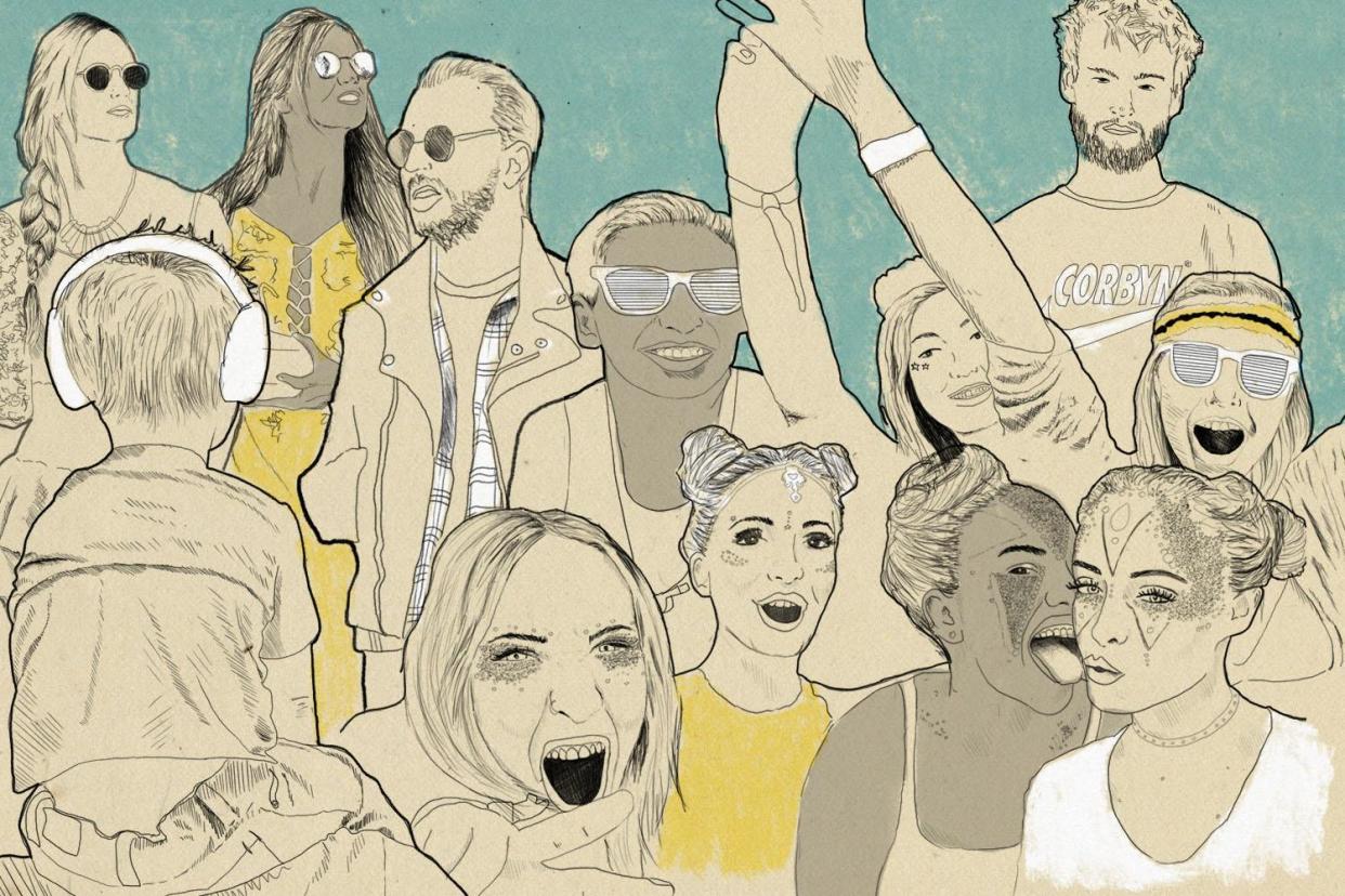 New tribes of urban adults are popping up all over Worthy Farm: Illustration by Laura Haines