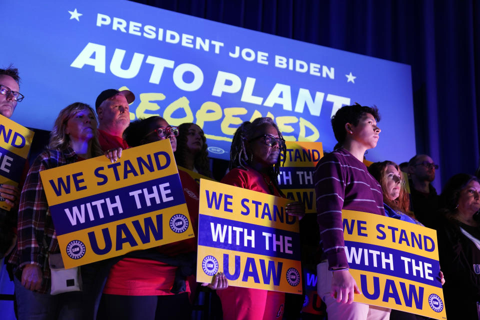 People listen as President Joe Biden speaks to United Auto Workers at the Community Building Complex of Boone County, Thursday, Nov. 9, 2023, in Belvidere, Ill. (AP Photo/Evan Vucci)