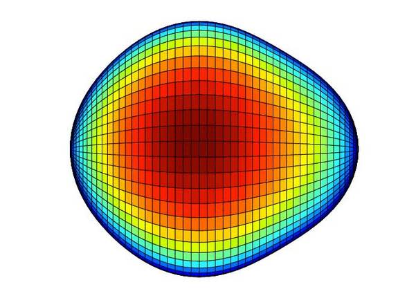 Scientists have found some atoms have pear-shaped nuclei, rather than the spherical or football-shaped ones. Here, a representation of the radium-224 nucleus in the x, z plane, with the colors as the y-axis scale.