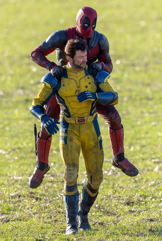 <p>Bav Media / SplashNews</p> Deadpool was pictured jumping on Wolverine's back