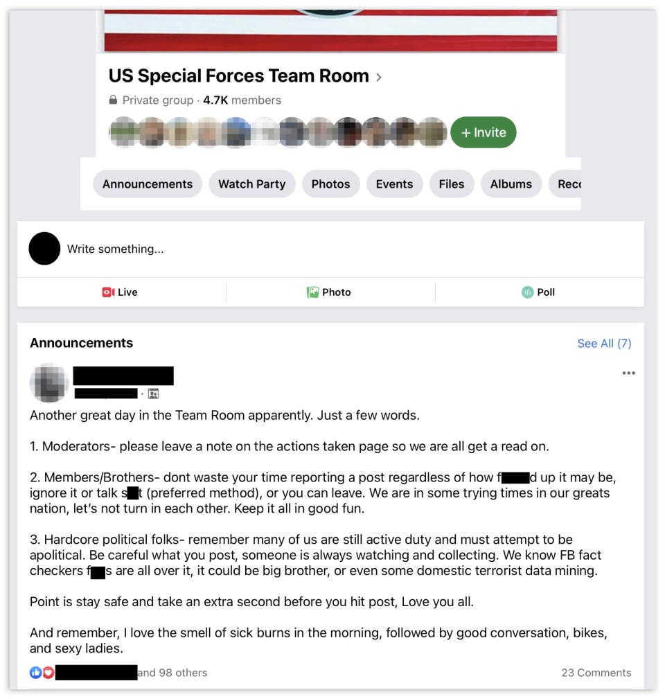 IMAGE: A 2020 announcement in the US Special Forces Team Room group tells members to be careful of what they post because 